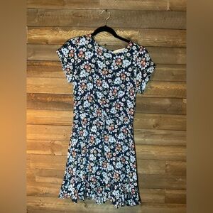 LOFT Navy Blue Floral Godet Dress Cap Sleeve Drawstring 100% Viscose Size Small